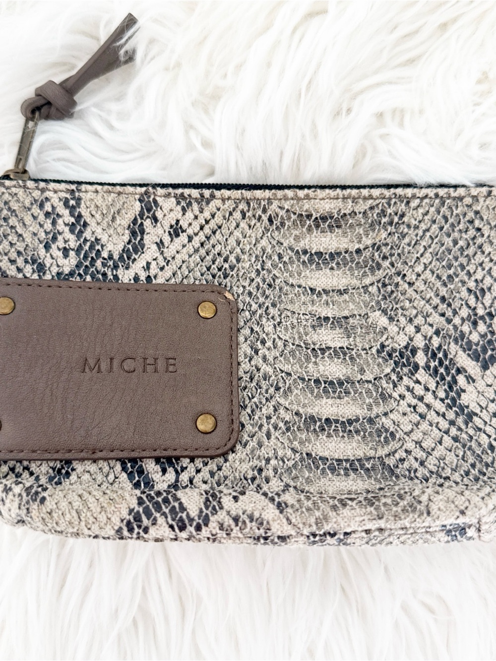 Miche Snake-Print Clutch in Taupe and Black